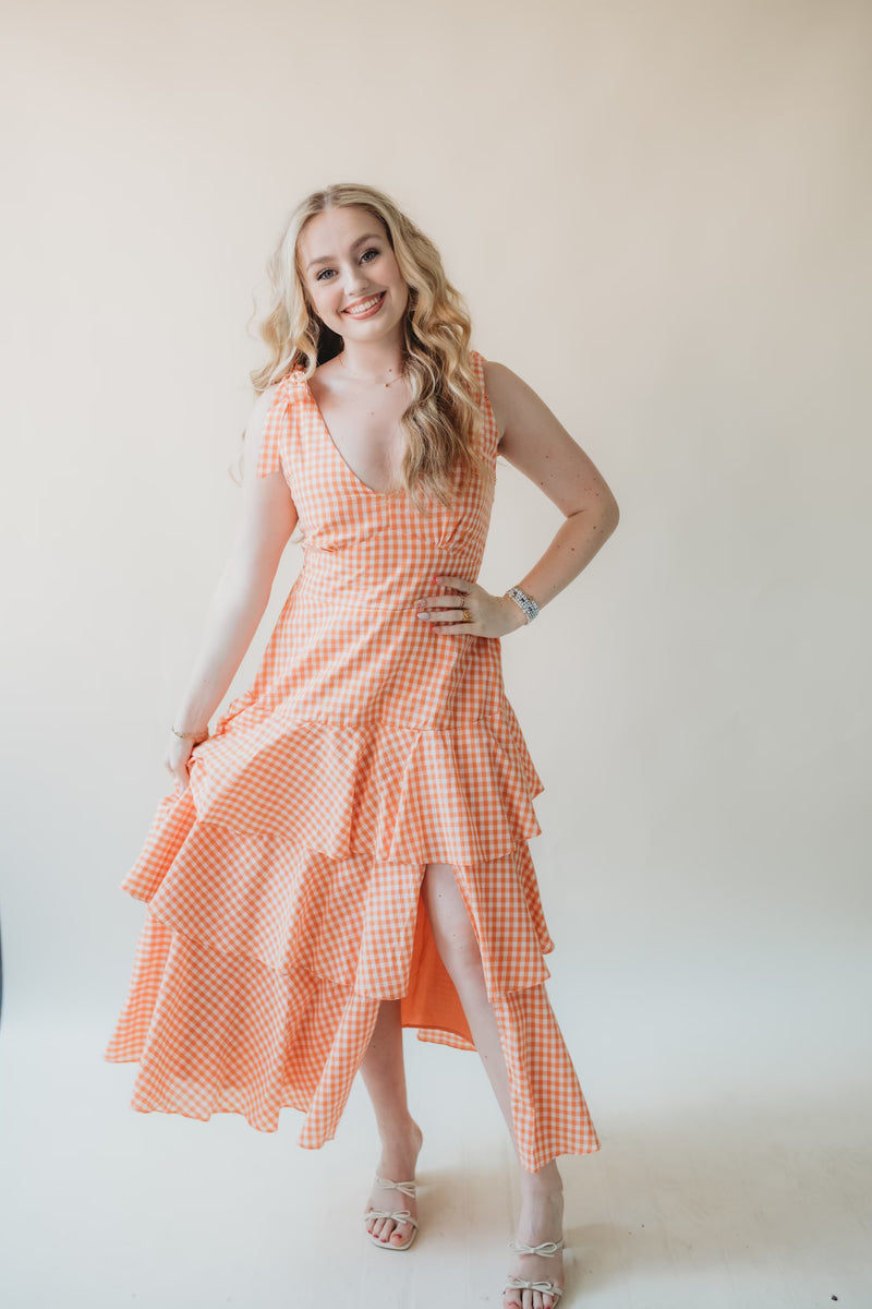 Jade Gingham Tiered Midi Dress- Orange Poppie's Boutique Jade Gingham Tiered Midi Dress- Orange Poppie's Boutique