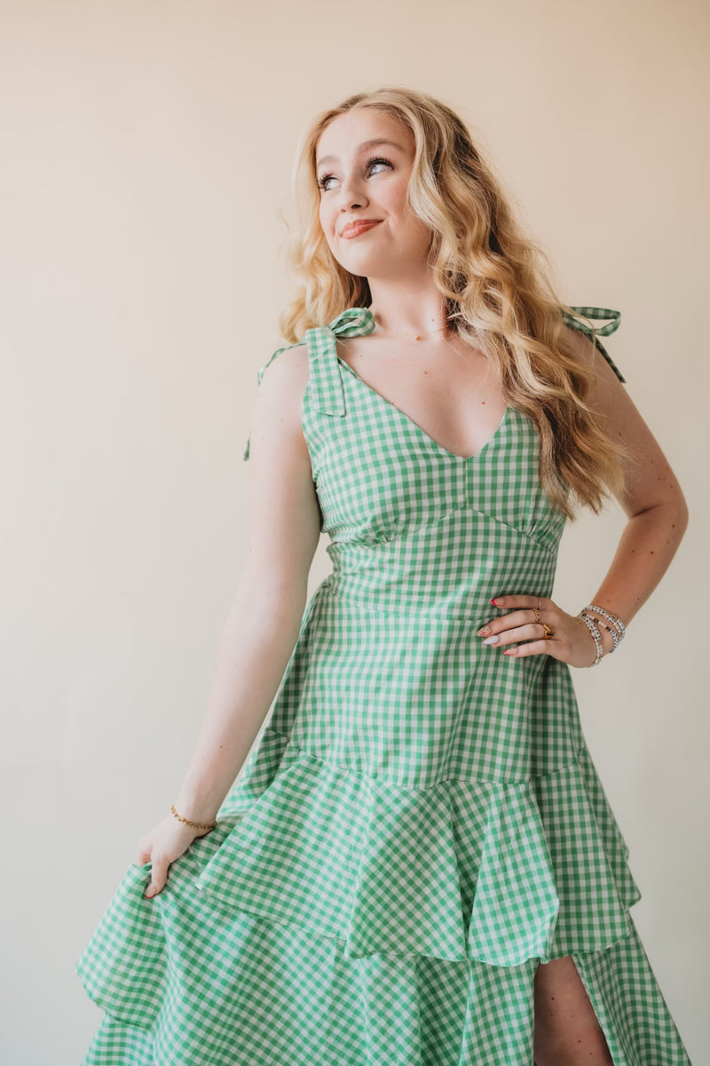 Jade Gingham Tiered Midi Dress- Green Poppie's Boutique Jade Gingham Tiered Midi Dress- Green Poppie's Boutique