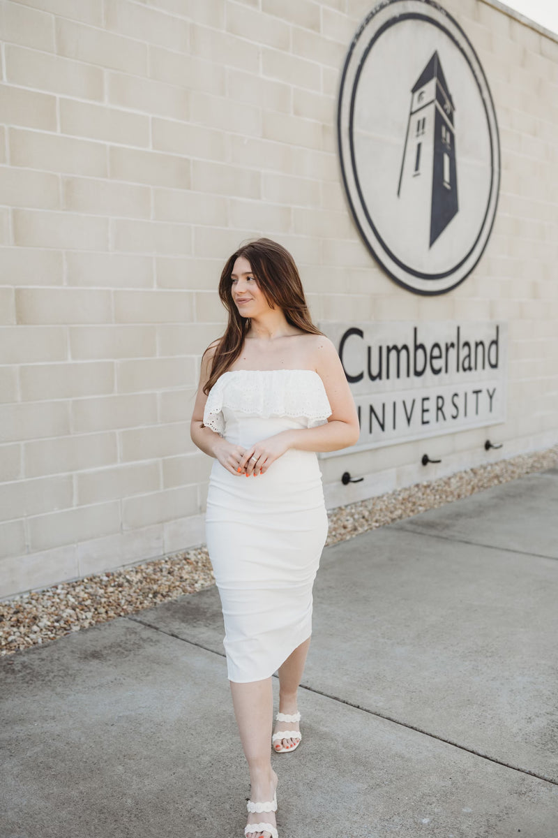 Lace Ruffle Midi Dress- Off White Poppie's Boutique Lace Ruffle Midi Dress- Off White Poppie's Boutique