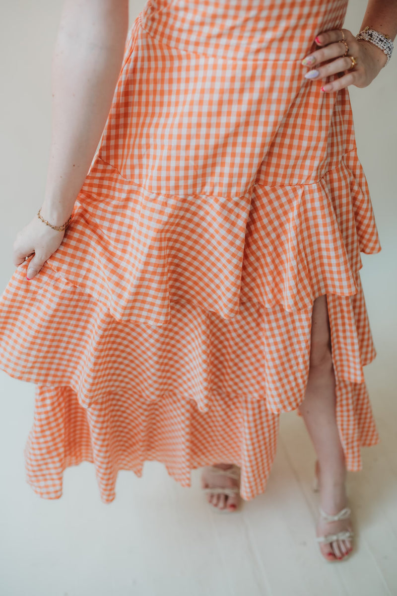 Jade Gingham Tiered Midi Dress- Orange Poppie's Boutique Jade Gingham Tiered Midi Dress- Orange Poppie's Boutique