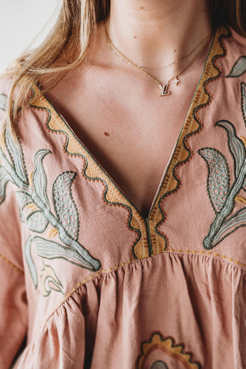 Greta Embroidery Tunic Dress- Pink