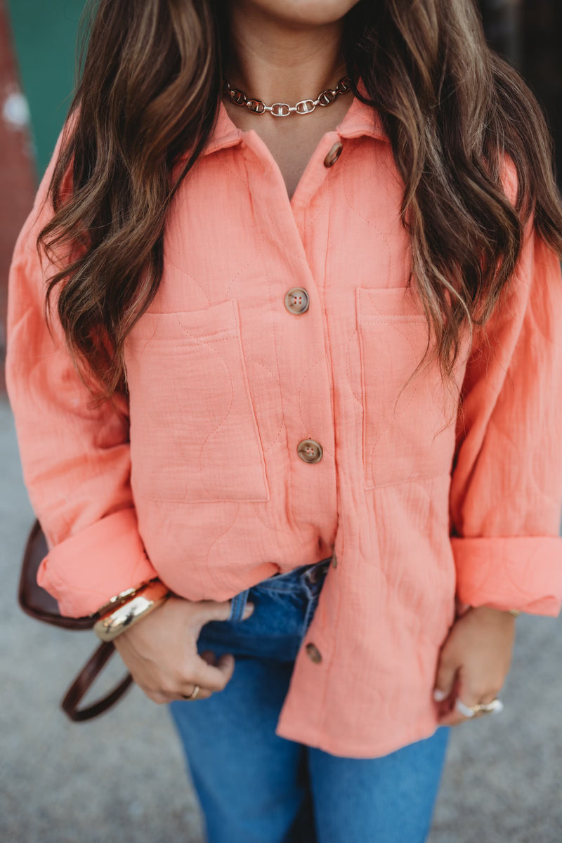 Quilted Long Sleeve Shacket- Coral