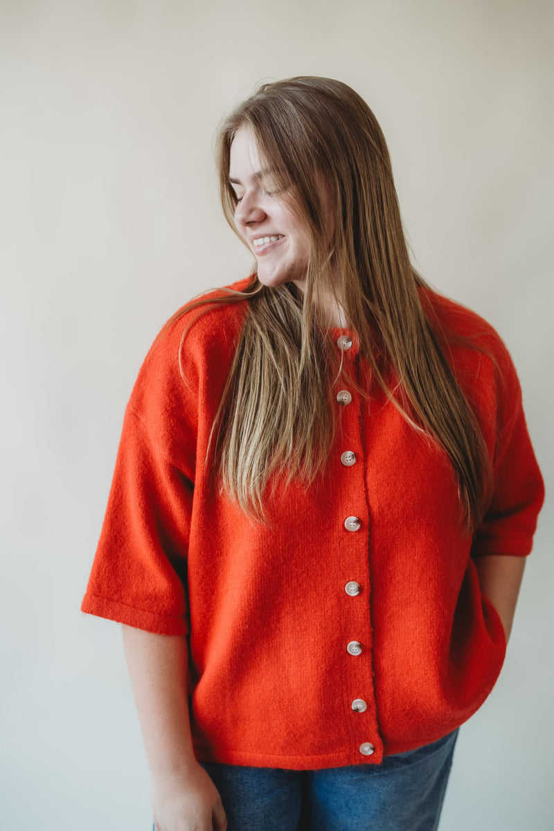 Brushed Button Sweater - Cherry
