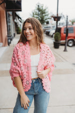 Chenille Contrast Cardigan- Pink
