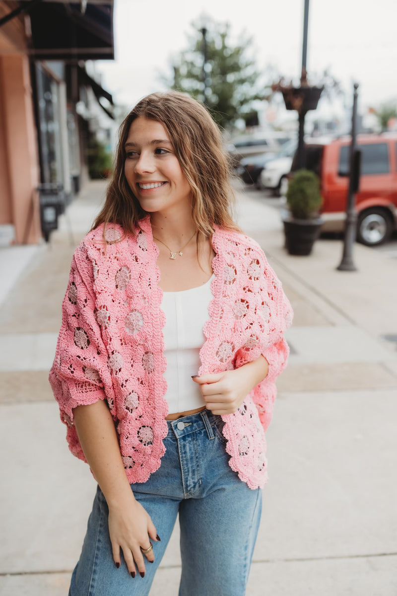 Chenille Contrast Cardigan- Pink