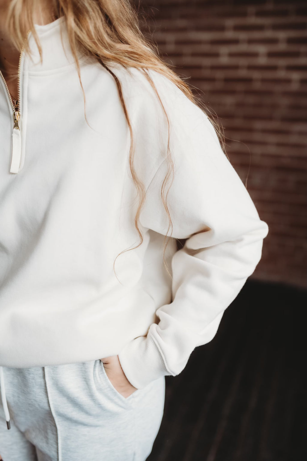 Terry Half Zip Sweatshirt- Beige