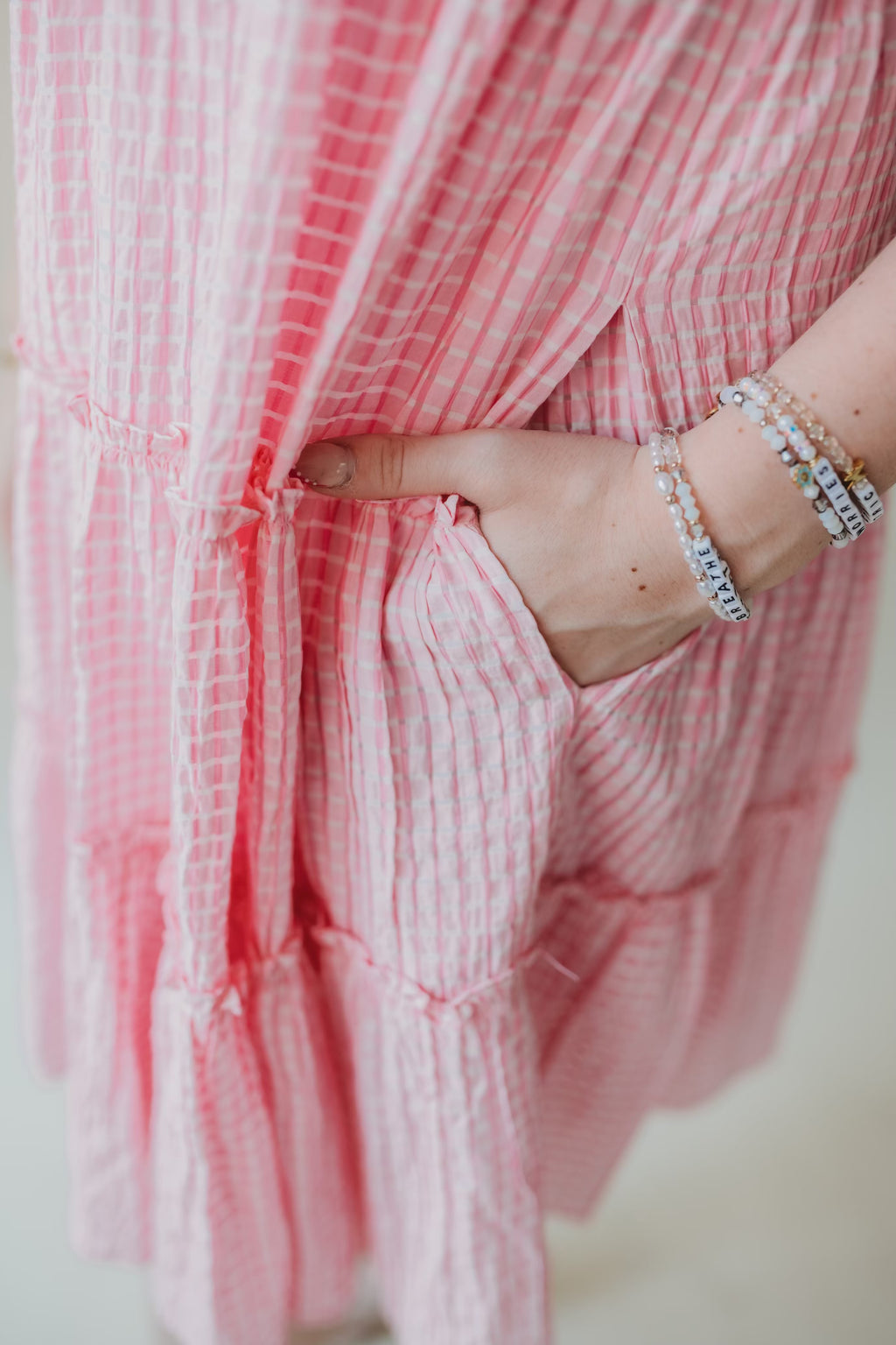 Jacquard Checker Smocking Tiered Dress- Pink
