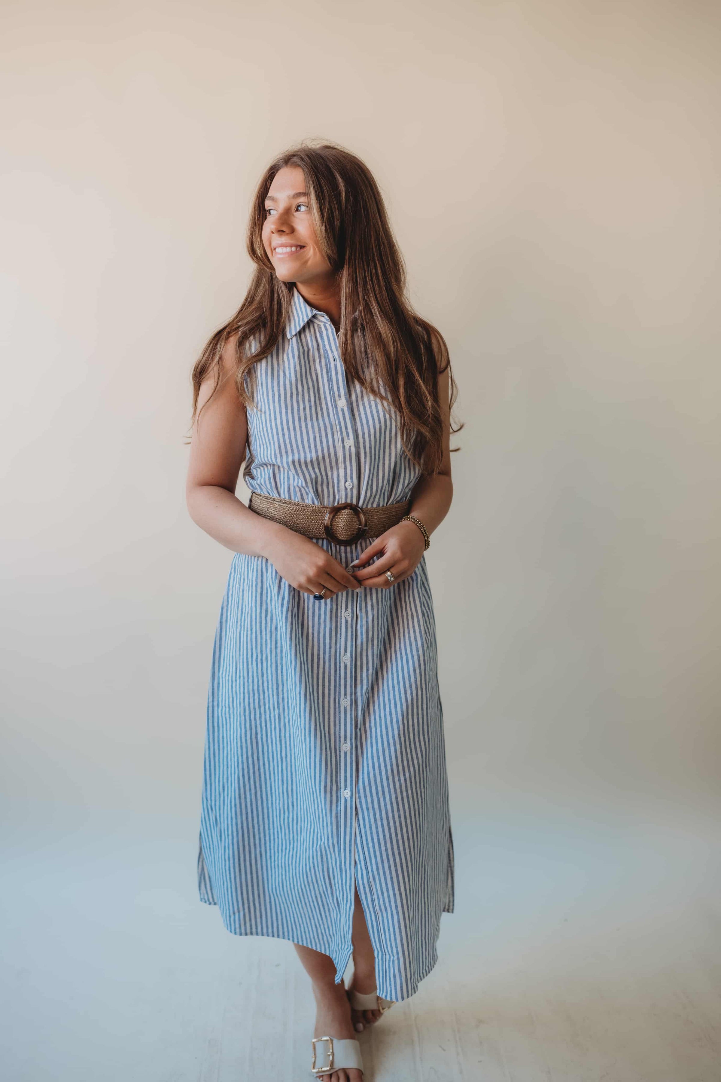 striped button down midi dress Striped Button Down Midi Dress Blue / Small