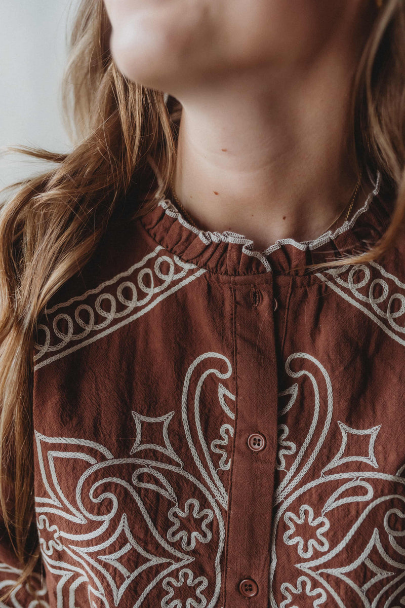 Eliza Embroidered Ruffle Blouse- Mocha