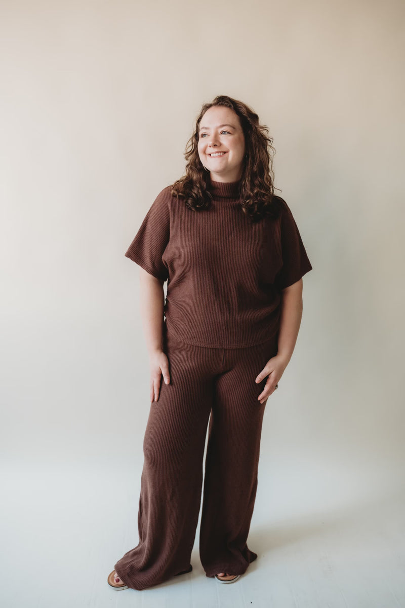 Mock Neck Top & Lounge Pants Set- Brown
