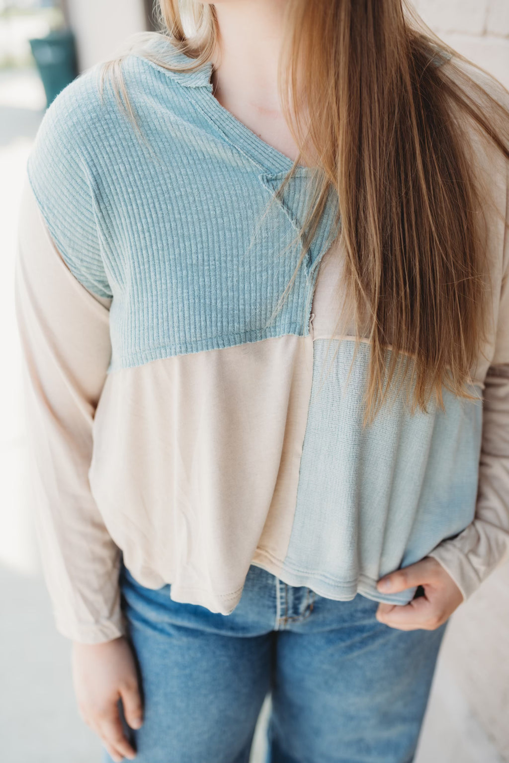Color Block Long Sleeve Top- Cream