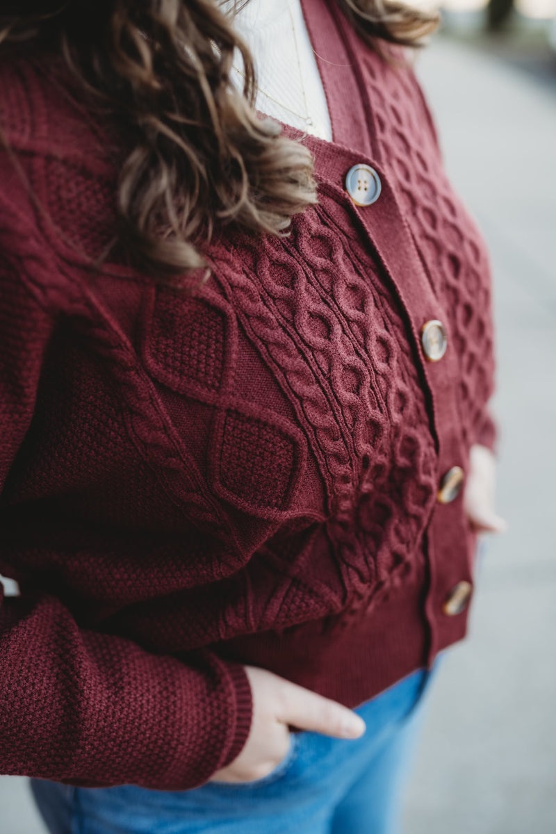 Chunky Cable Knit Cardigan- Burgundy