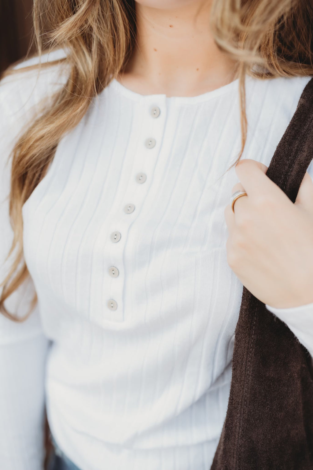 Everyday Ribbed Button Top- White