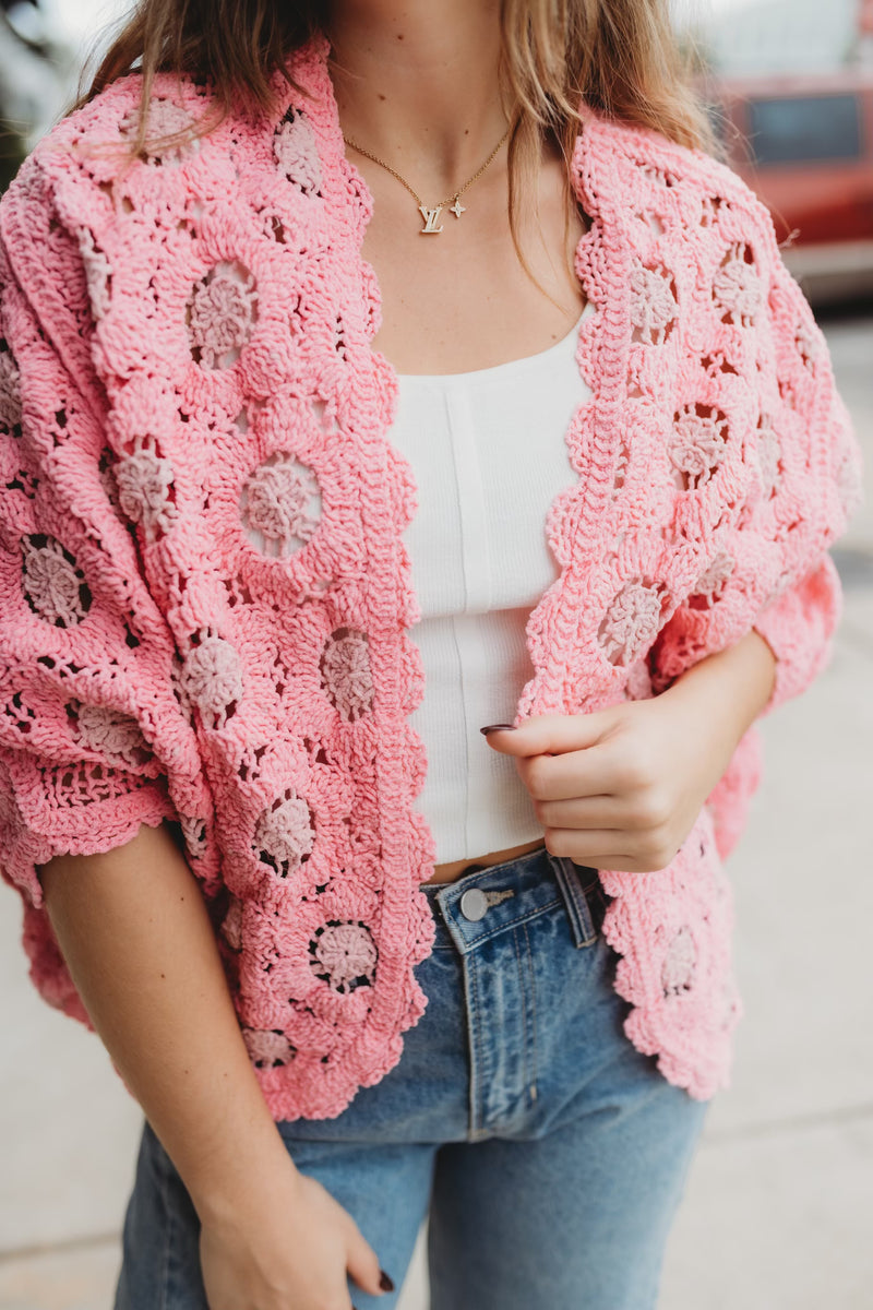 Chenille Contrast Cardigan- Pink