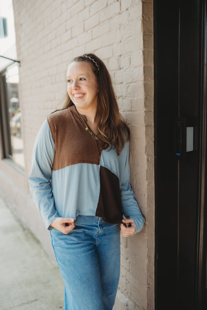 Color Block Long Sleeve Top- Blue