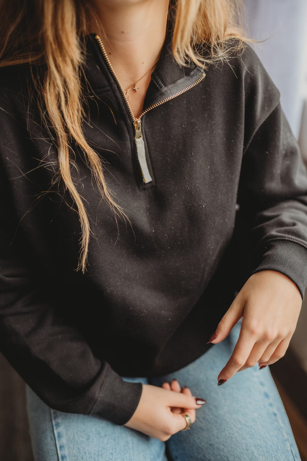 Terry Half Zip Sweatshirt- Black