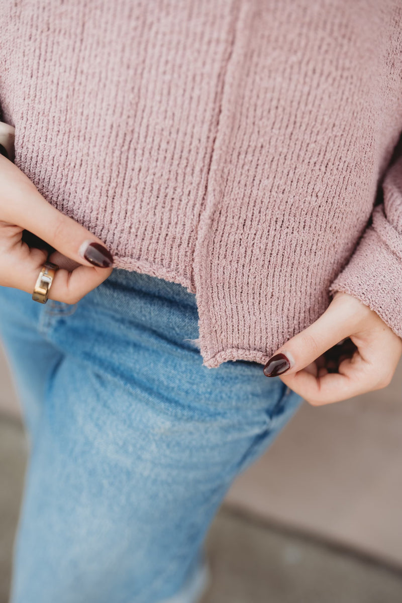 Asymmetric Hem Drop Shoulder Sweater - Light Rose