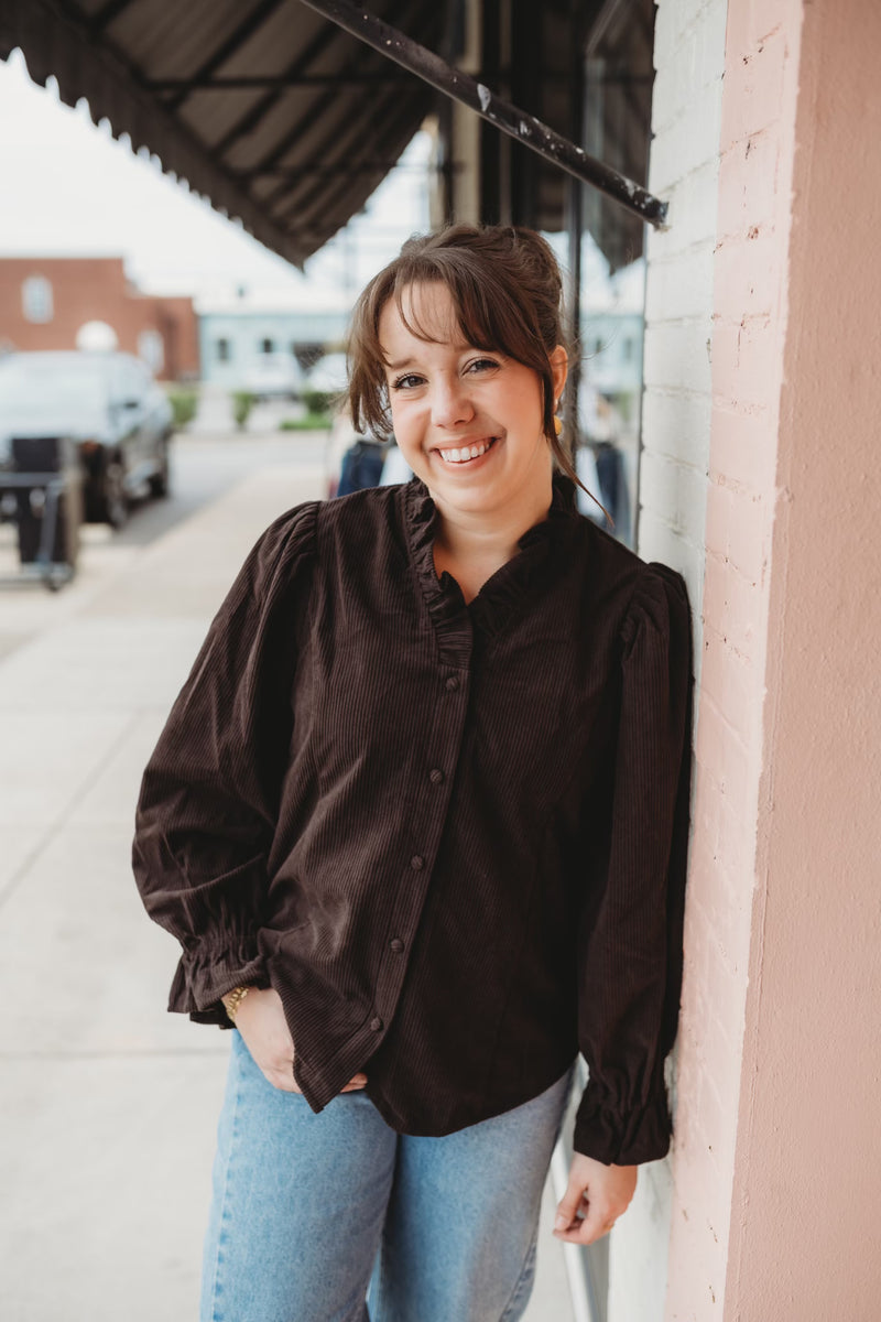 Mocha Corduroy Ruffle Shirt