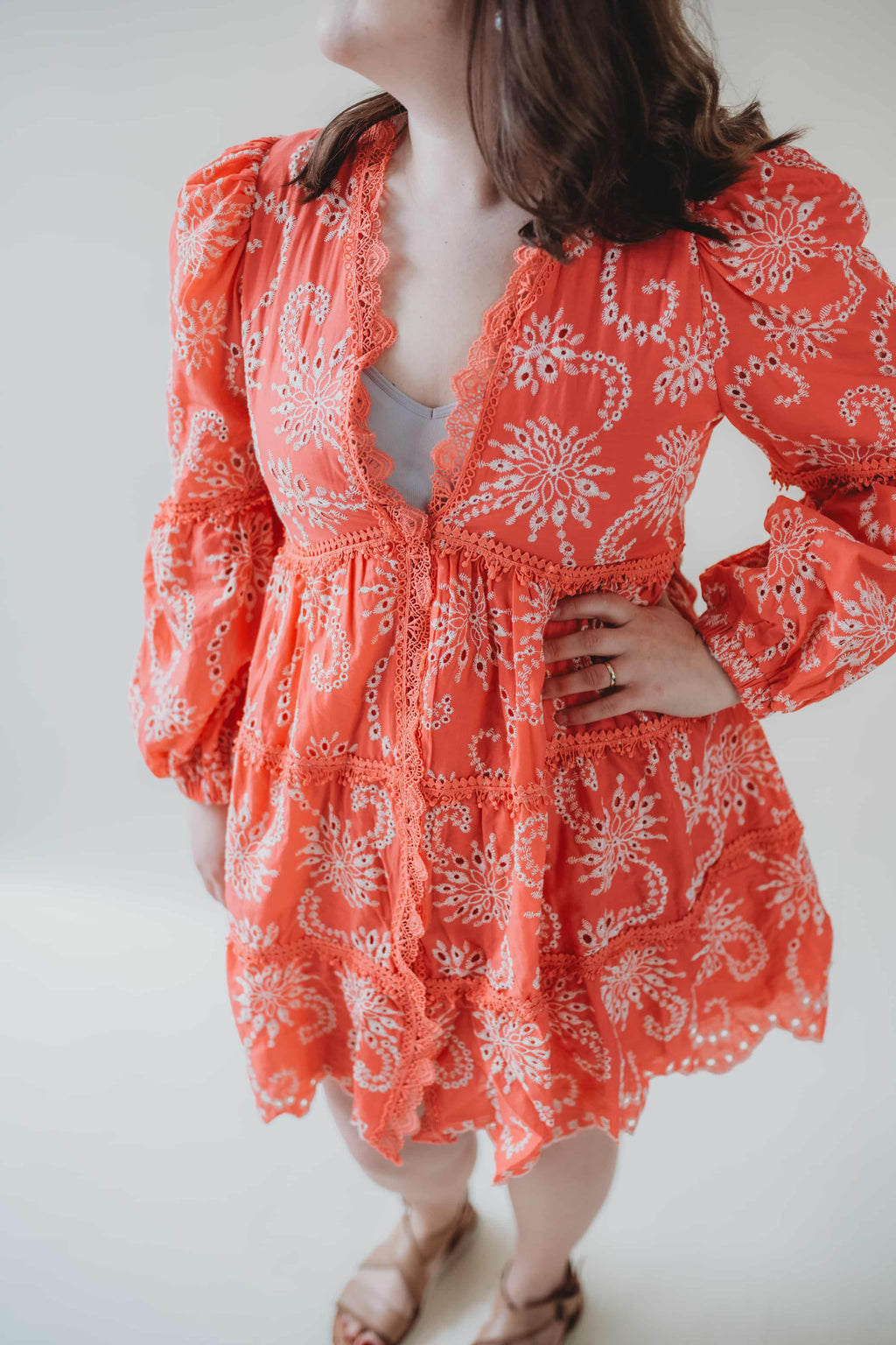 Puff Sleeve Floral Dress - Coral