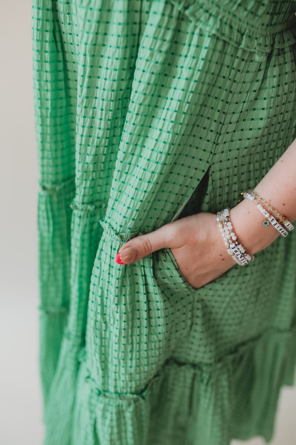 Jacquard Checker Smocking Tiered Dress- Green