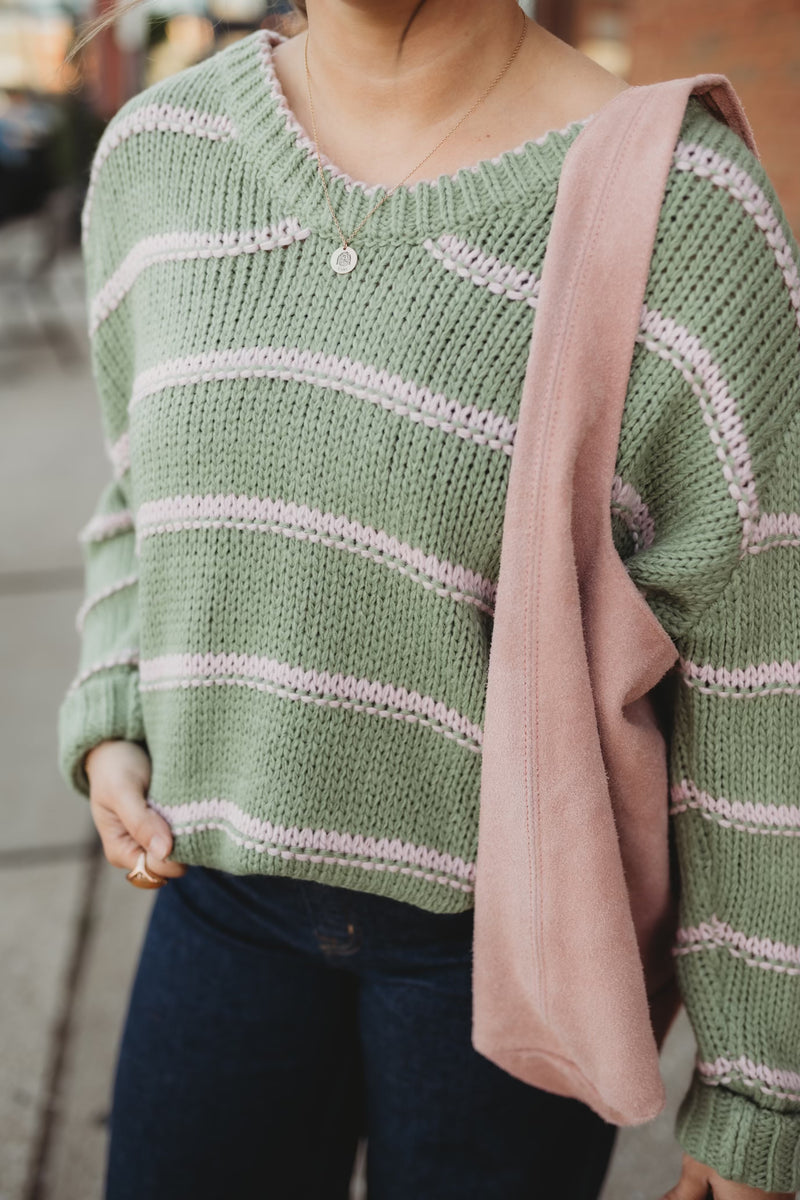 Candy Striped Sweater- Sage