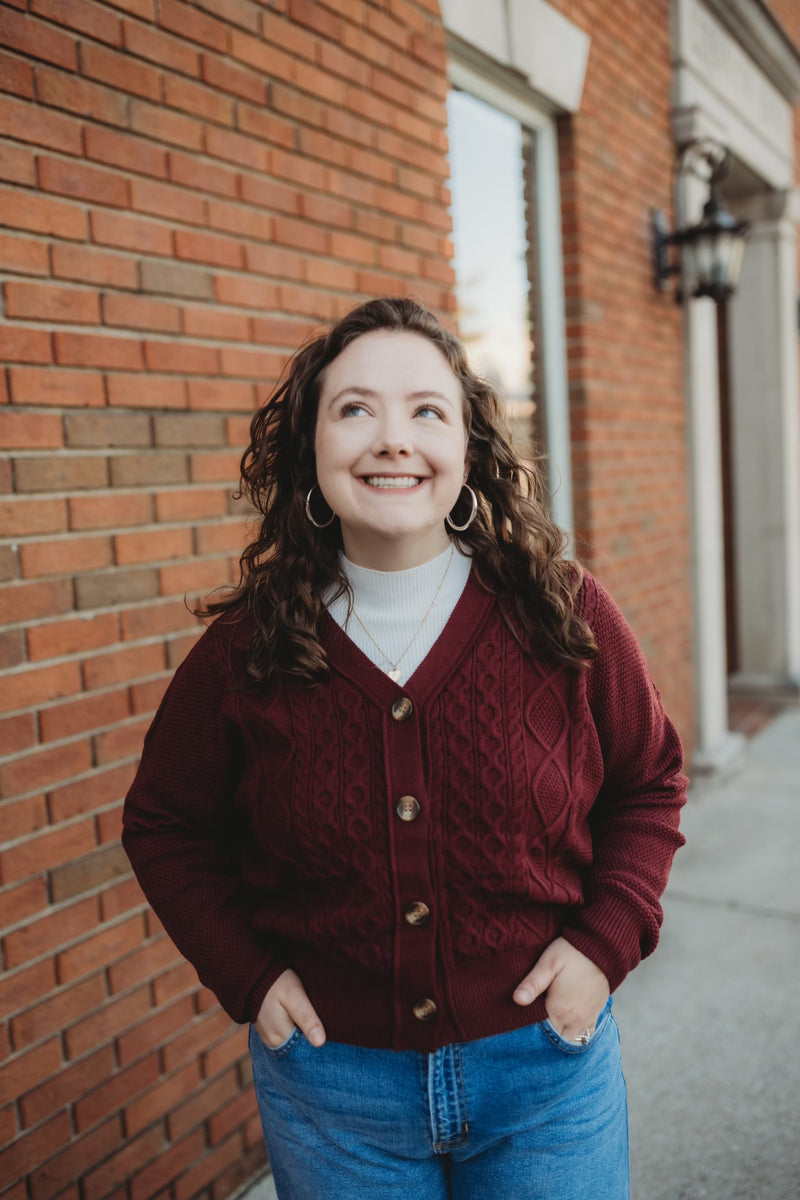 Chunky Cable Knit Cardigan- Burgundy