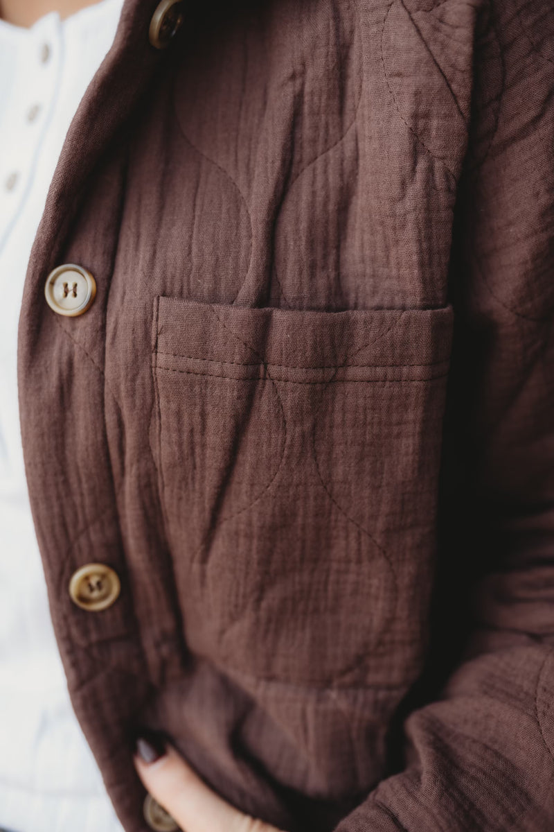 Quilted Long Sleeve Shacket- Brown