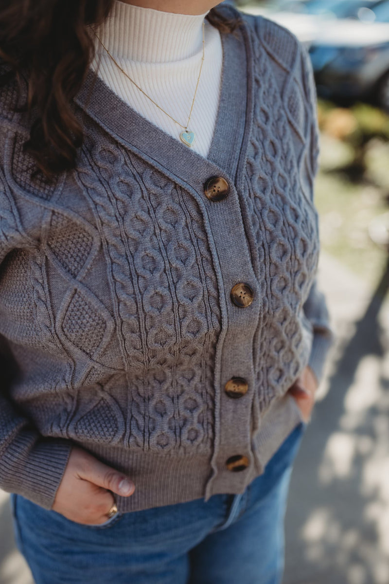 Chunky Cable Knit Cardigan- Grey