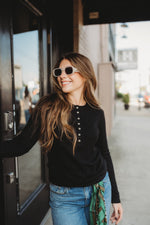 Everyday Ribbed Button Top- Black