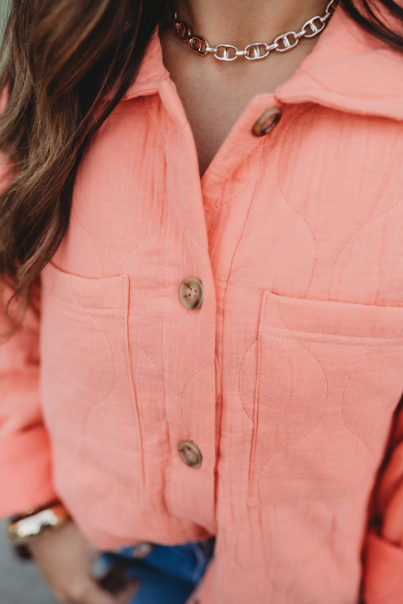 Quilted Long Sleeve Shacket- Coral