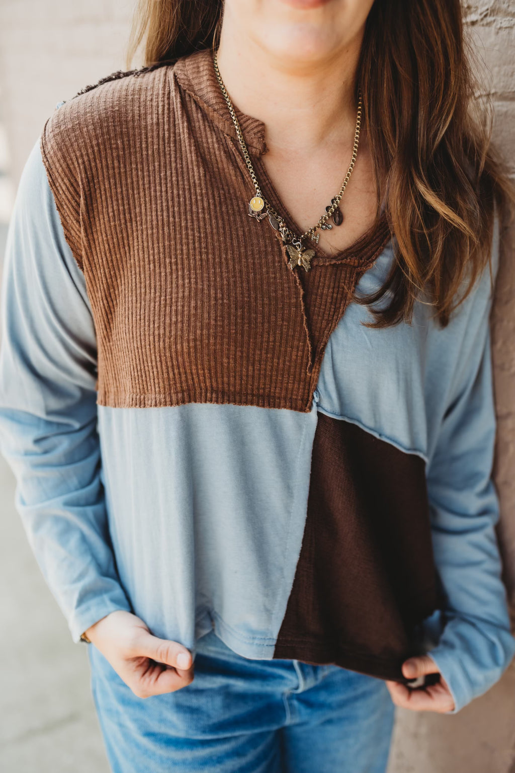 Color Block Long Sleeve Top- Blue