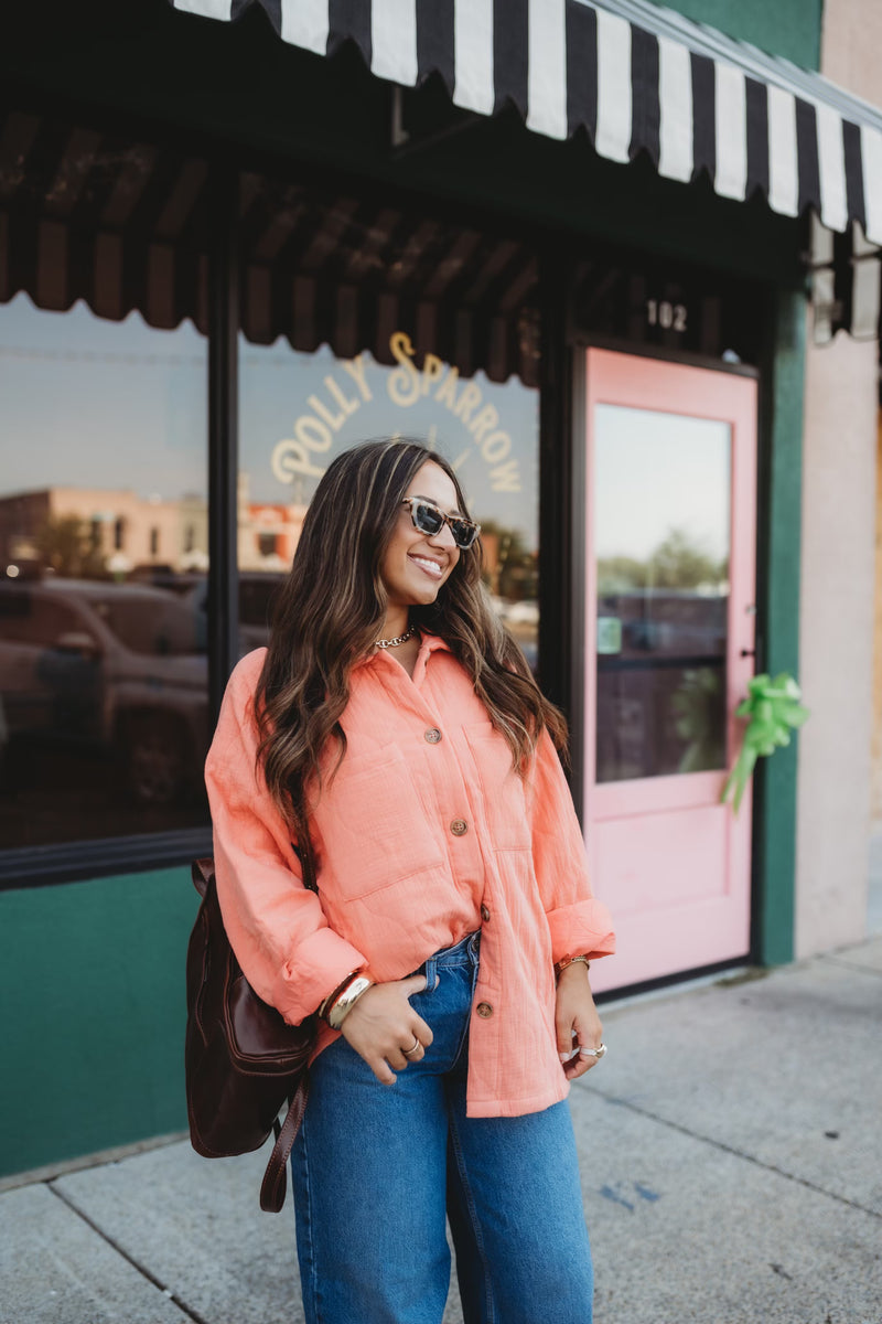 Quilted Long Sleeve Shacket- Coral