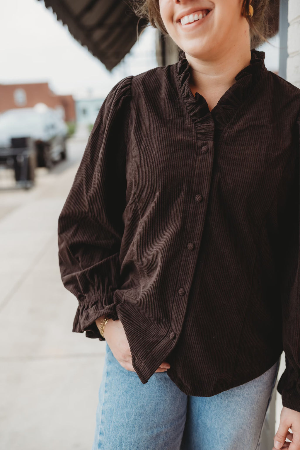 Mocha Corduroy Ruffle Shirt