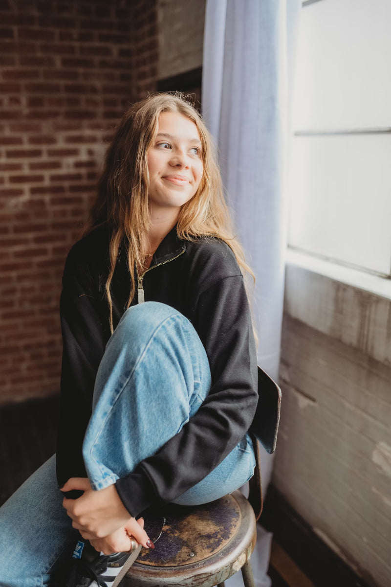 Terry Half Zip Sweatshirt- Black