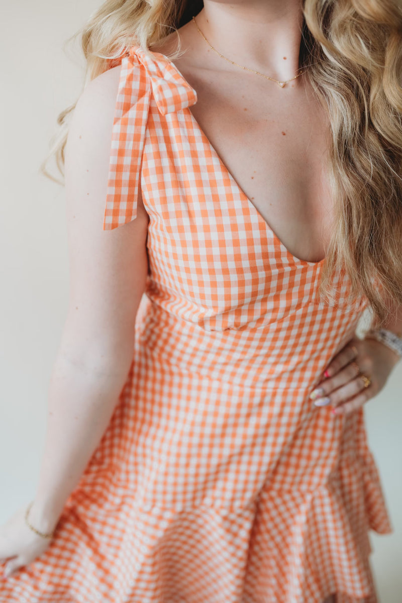 Jade Gingham Tiered Midi Dress- Orange Poppie's Boutique Jade Gingham Tiered Midi Dress- Orange Poppie's Boutique