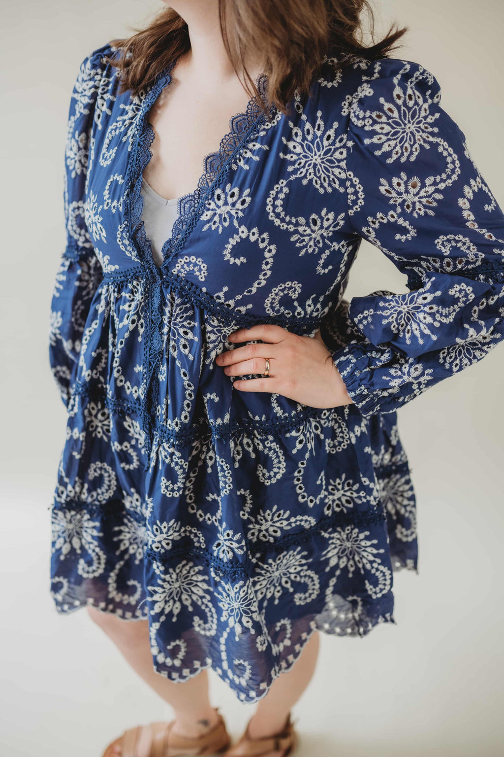 Puff Sleeve Floral Dress - Navy