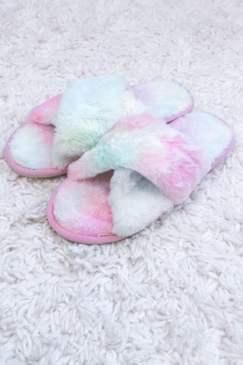 Tie-Dye Faux Fur Slippers -Pink Multi